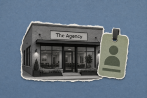The Agency storefront beside an employee identification badge graphic