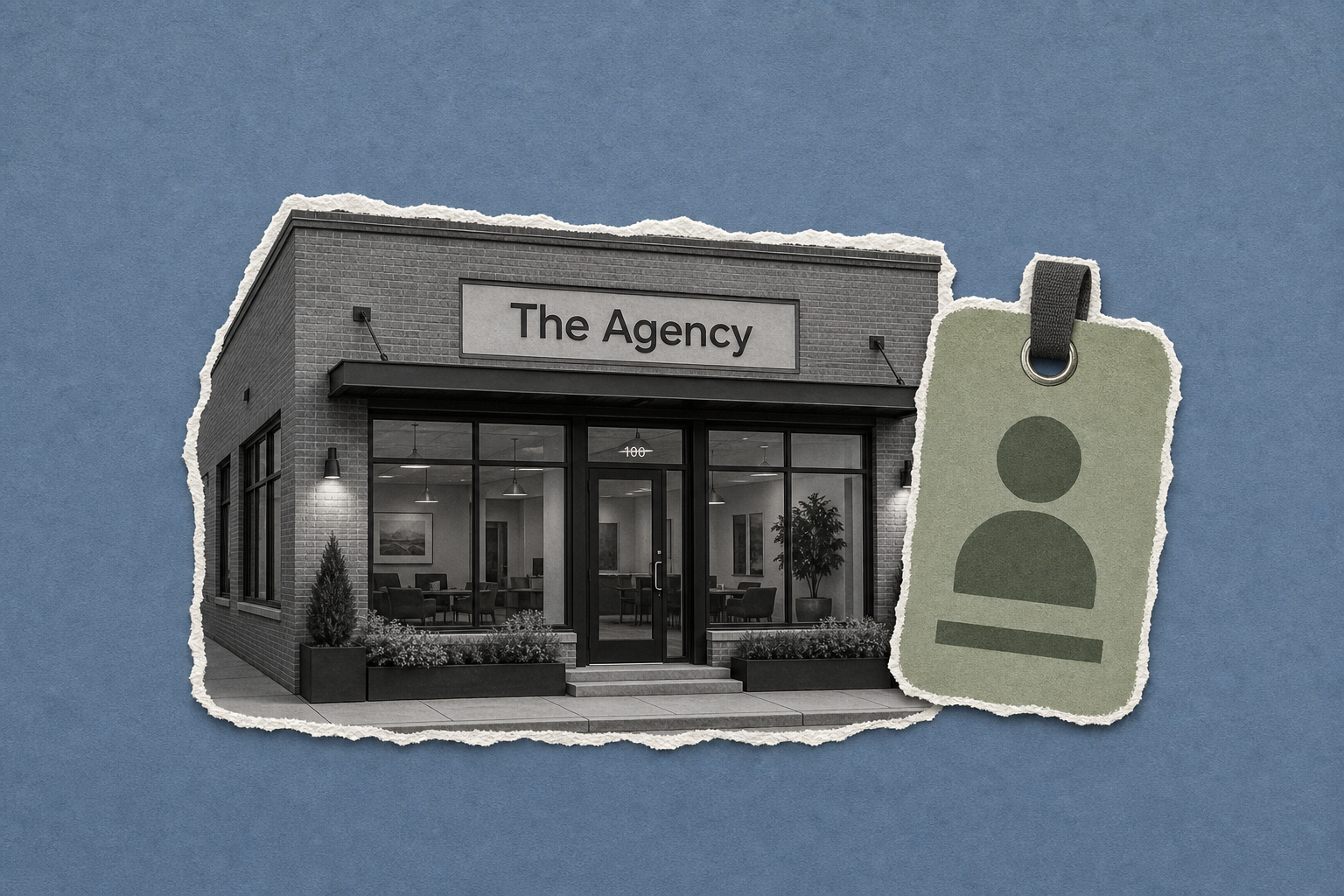 The Agency storefront beside an employee identification badge graphic