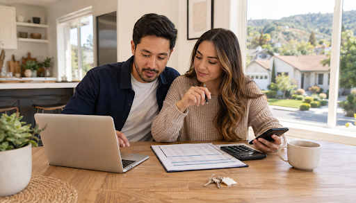 California homebuyers reviewing a mortgage budget with a laptop, calculator, worksheet, and house keys at their kitchen table.