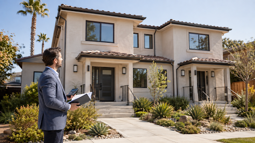 Real estate investor reviewing financing documents outside a modern California duplex rental property.