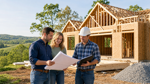 Tennessee homebuyers review blueprints with a builder beside a custom home under construction.