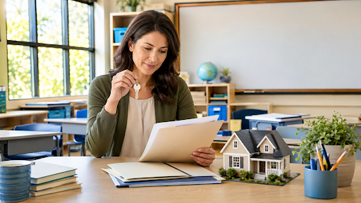 California teacher reviewing mortgage documents while holding a house key beside a model home in an empty classroom