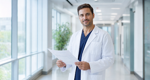 Physician in a white coat holding documents in a hospital hallway, illustrating doctor loans in California.