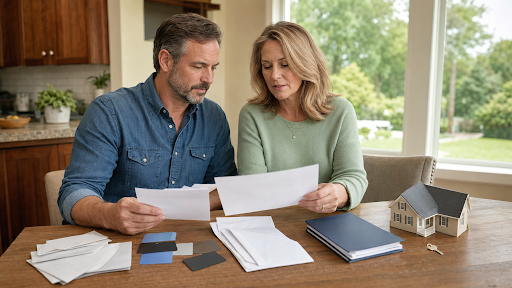 Tennessee homeowners reviewing bills and credit cards beside a model house, house key, and organized refinance folder.