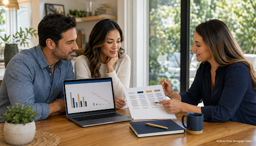 Couple reviewing mortgage charts and loan documents with a mortgage professional
