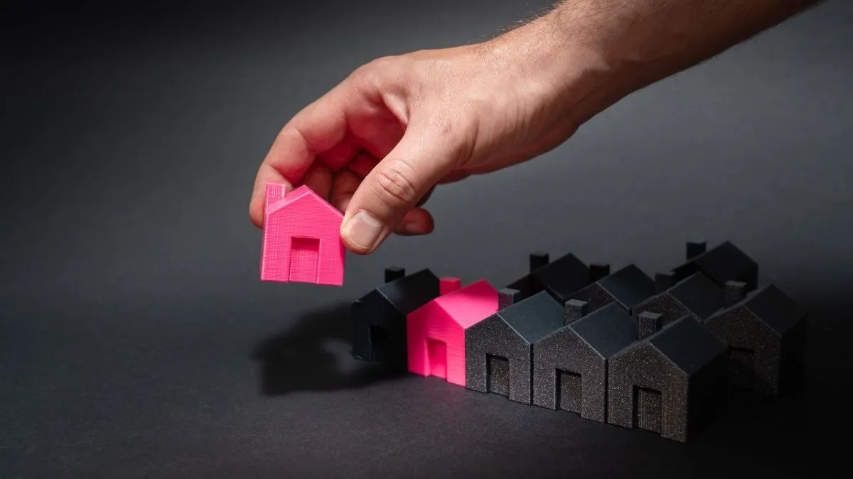 Hand selecting a pink house model from a row of dark homes