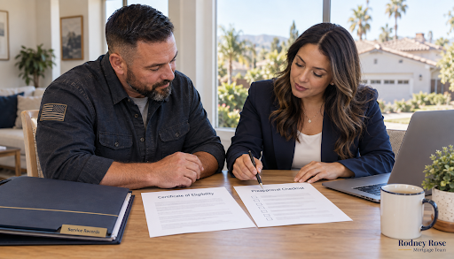 California Veteran reviewing a VA Certificate of Eligibility and mortgage preapproval checklist with a loan officer