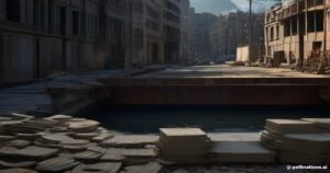 Flood-damaged urban street with collapsed roadway and debris between buildings