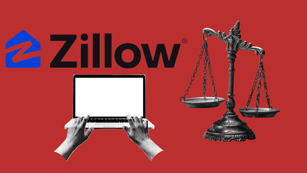 Zillow logo with laptop, scale of justice, and home-related comparison graphic on red background