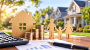 Wooden house, family figures, coins, calculator, and mortgage paperwork on a table
