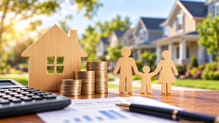 Wooden house, family figures, coins, calculator, and mortgage paperwork on a table