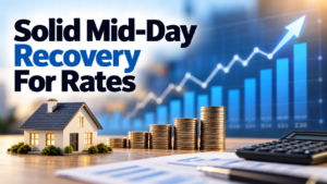 Mortgage rate recovery graphic with a home, rising chart, stacked coins, and calculator