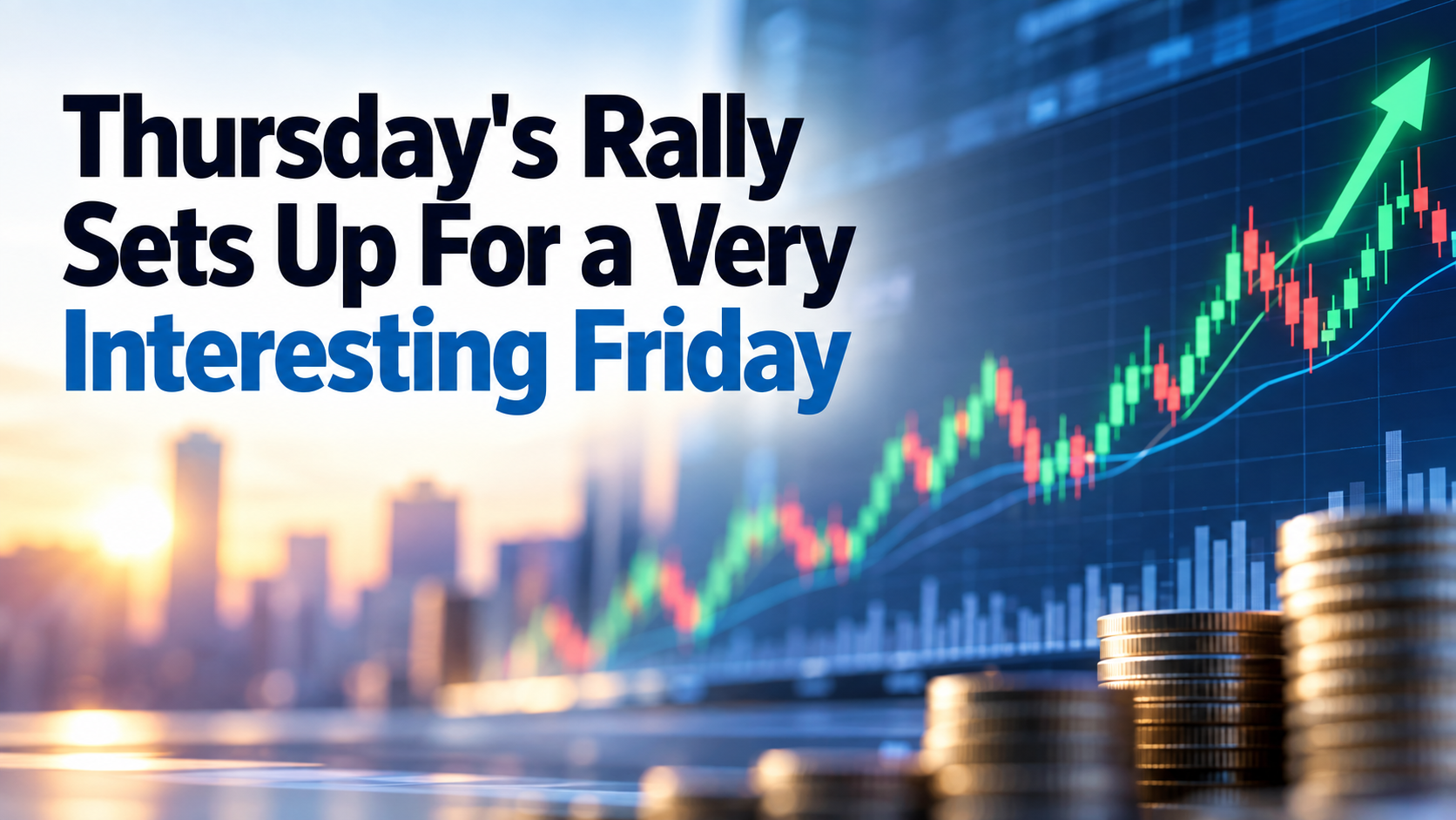 Financial market graphic showing Thursday’s rally, rising stock charts, upward arrow, and stacked coins