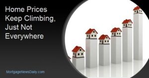 Rising home prices shown as houses atop ascending columns