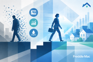 Freddie Mac illustration showing workforce change, housing growth, and financial data icons