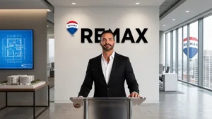 RE/MAX executive standing at a podium in a modern real estate office