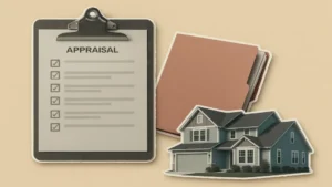 Residential appraisal checklist beside a suburban home and property file