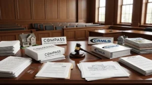 Compass and CRMLS legal dispute represented by contracts, housing documents, and judge’s gavel