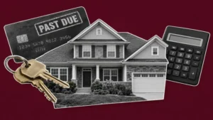 Past-due mortgage notice beside house keys and financial documents