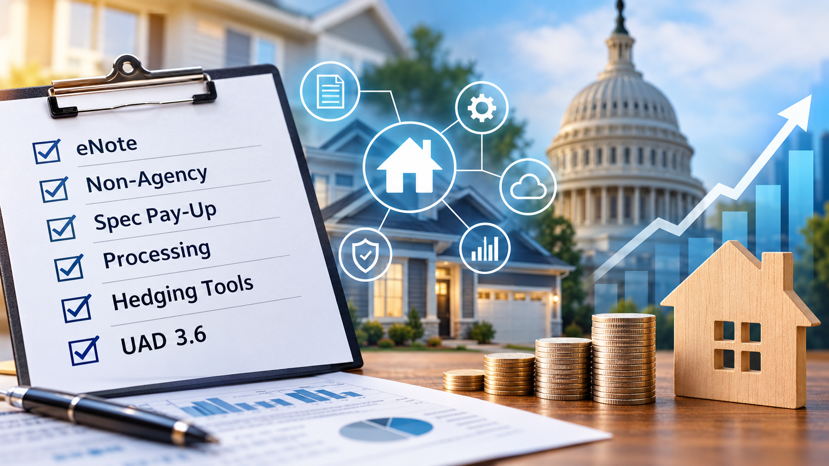Mortgage technology checklist with eNote, non-agency lending, processing, hedging tools, UAD 3.6, home, and rising market chart