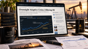 Laptop showing oil and mortgage bond market trends with rising price charts