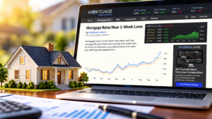 Laptop showing mortgage rates near one-week lows beside a model home and market charts