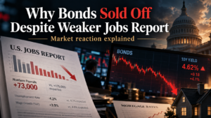 Weaker jobs report beside falling bond chart and rising Treasury yields
