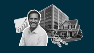 Smiling mortgage executive beside office building, home, keys, and rising chart