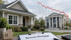 Reverse mortgage application beside home and bank with declining market chart