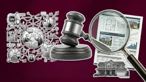Gavel beside LinkedIn networking icons and magnified real estate documents