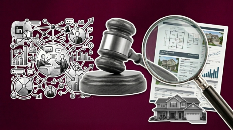 Gavel beside LinkedIn networking icons and magnified real estate documents