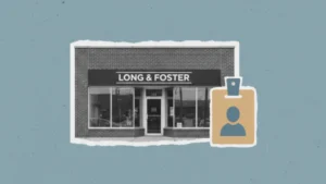 Long & Foster real estate office storefront beside an employee ID badge