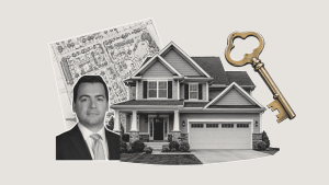 Matt Jones portrait with a home, dollar bills, and house key symbolizing mortgage finance testimony