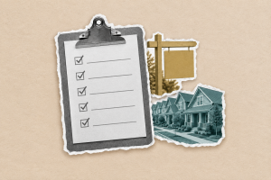 Home buying checklist on a clipboard beside a house and real estate sign