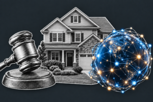 MLS legal risk concept with courthouse columns, contract, and warning symbol