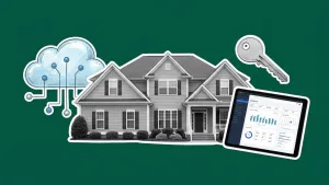 Smart home financing illustration with houses, digital cloud technology, keys, and tablet showing financial data