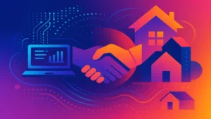 Handshake between housing partners with homes and mortgage data dashboard