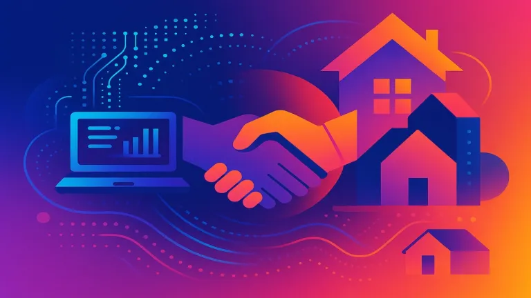 Handshake between housing partners with homes and mortgage data dashboard
