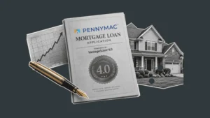 PennyMac and VantageScore logos over a mortgage lending and credit scoring graphic