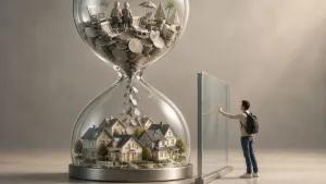 Hourglass filled with homes as a person opens a door