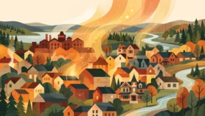 Illustrated upstate New York community with homes, rivers, forests, and autumn hills