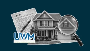 UWM logo beside a home, mortgage documents, and magnifying glass