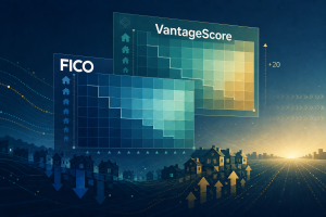 FICO and VantageScore credit score graphics above a suburban neighborhood with rising arrows