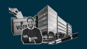 Collage of ballot box, office building, man, and fountain pen